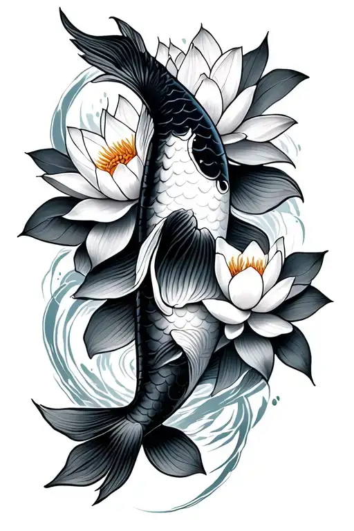 Koi Fish With Lotus Flowers