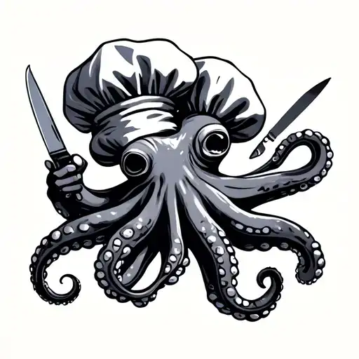 Octopus Chef Hat And Holding Knives And Food