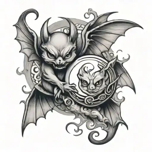 Two Flying Little Devils Holding Ying And Yang Symbols