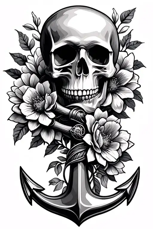 Skull And Flowers And Anchor Intertwined