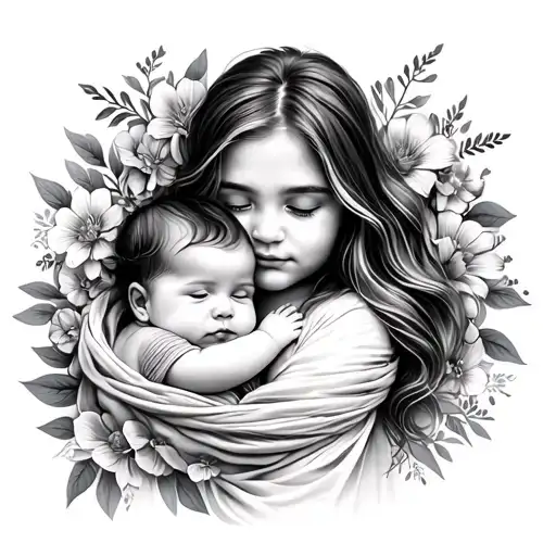 Baby Girl Held By Mum With Long Hair In A Woven Wrap Floral Design