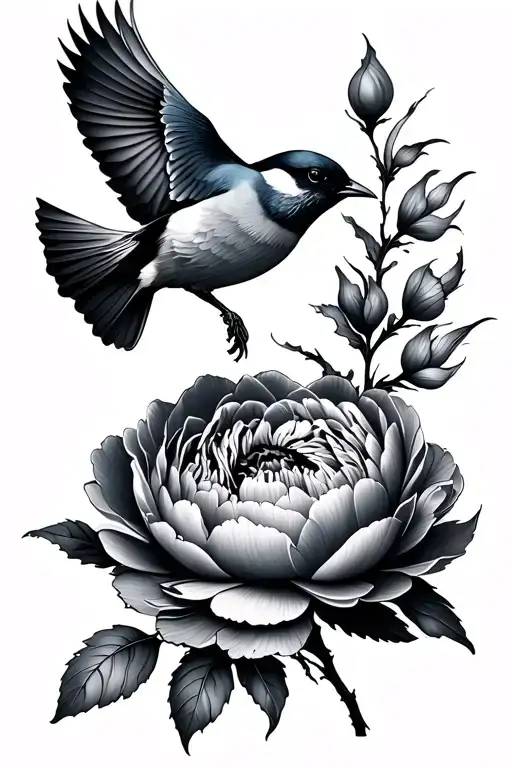 Peony Flower With Bird Flying