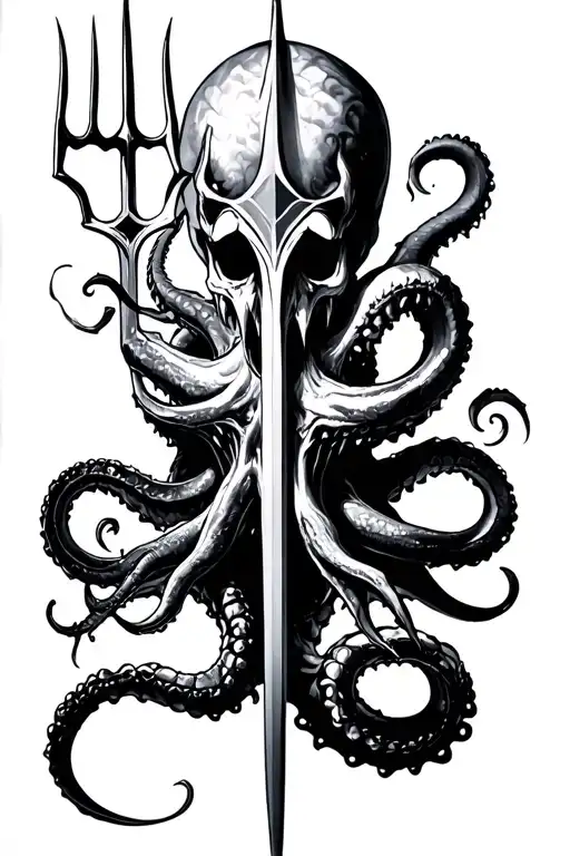 Posiden With Trident And Kraken Emerging From The Depths