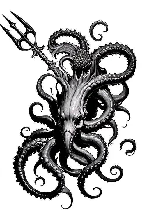 Posiden With Trident And Kraken Attacking