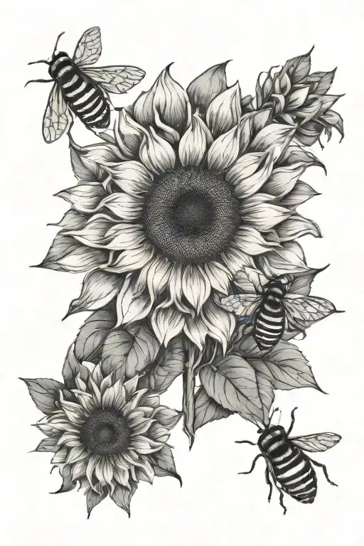 Front Facing Sunflower With 2 Small Bees On The Petals