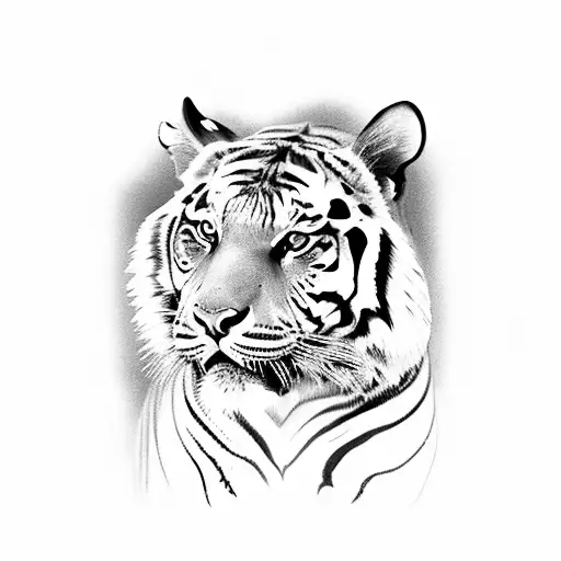 Full-length Tiger And Butterfly For The Chest In Black And White Old School Style