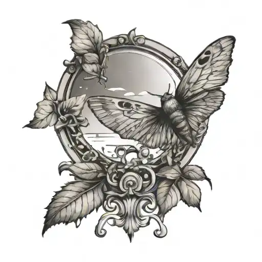 Vintage Mirror With A Moon And Stars Inside With A Moth On The Edge Resting On Ivy