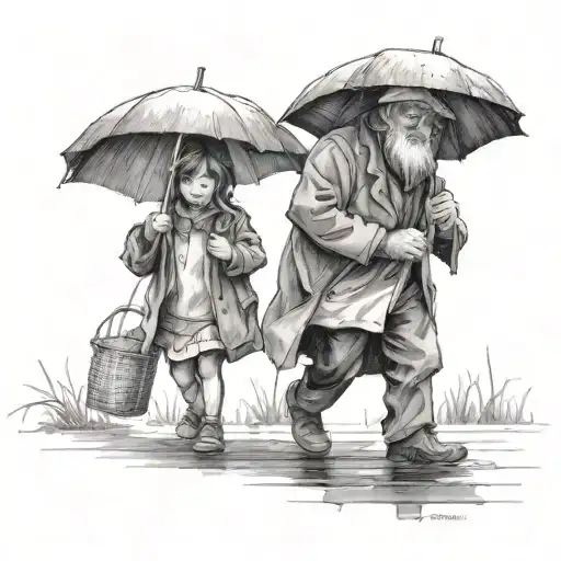 Old Man With Umbrella And Little Girl In The Rain