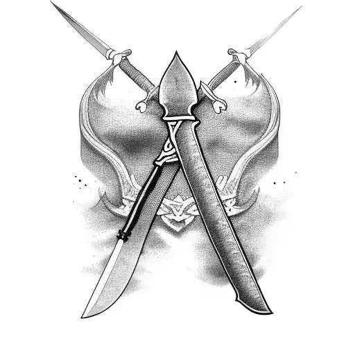 A Black-grey Tattoo Of A Crossed Sword And Knife With A Banner That Says 'Made In Swede'