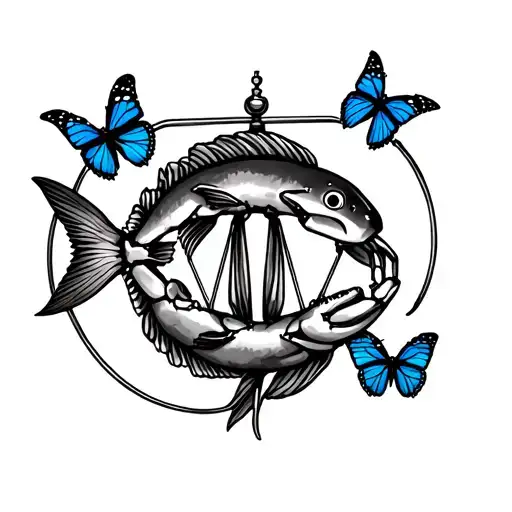 Libra Scale Weighing Pisces Fish On One Side And Cancer Crab On The Other Surrounded By Butterflies