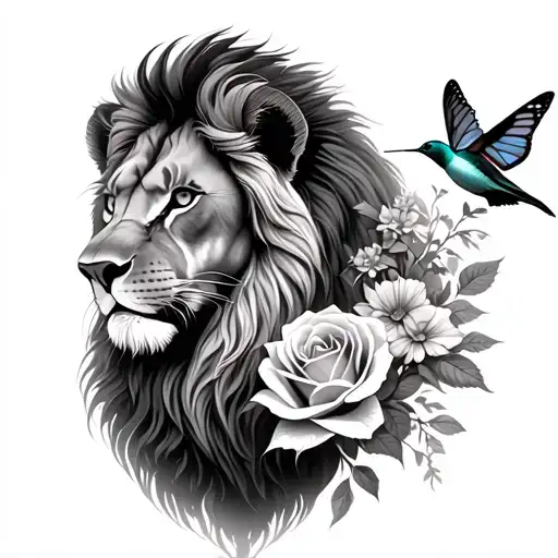 Female Lion With A Butterfly A Hummingbird A Rose Of The Flowers And Flowers
