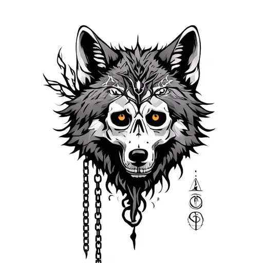 Nordic Mythological Wolf With Calaveras Chain And The Tree Of Life With Runes