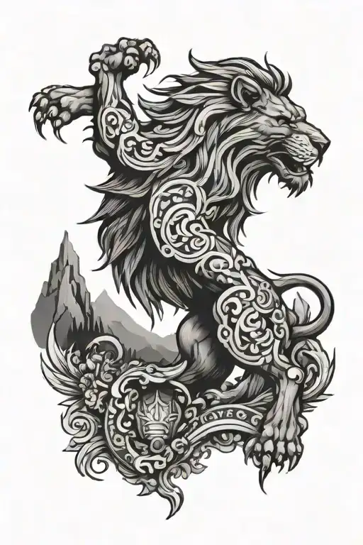 Scottish Themed Tattoo Featuring Lion Rampant And Scottish Mountains
