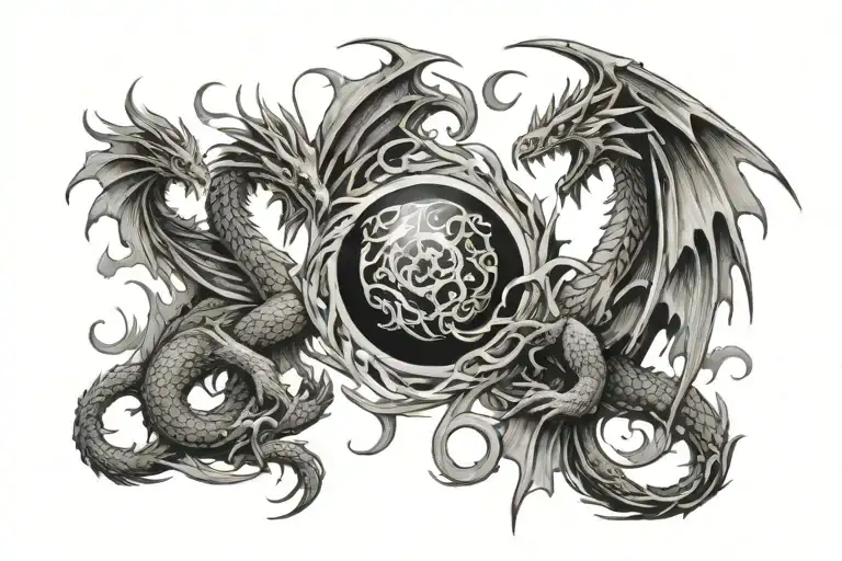 Dragon And Phoenix With Fire Ball In The Middle It Is Surrounded