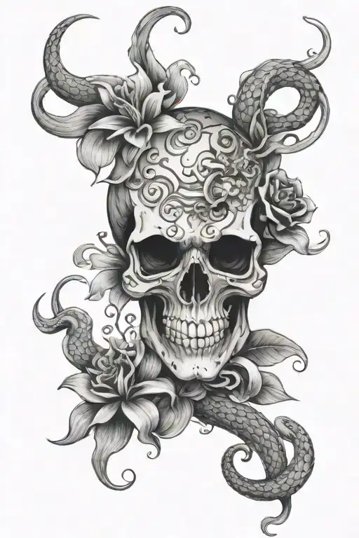 Skull With Snake In An 8 Shape And Lilly Flower