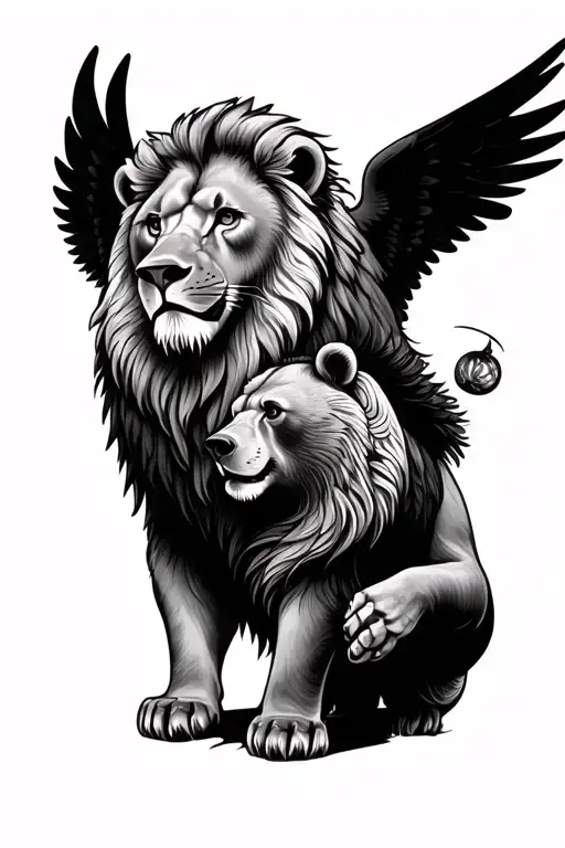 Frame Tat Of Lion And Bear With Wings