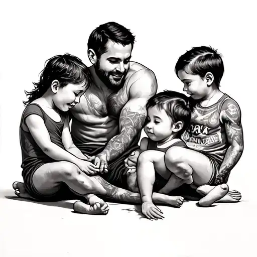 Dad And Three Kids Playing