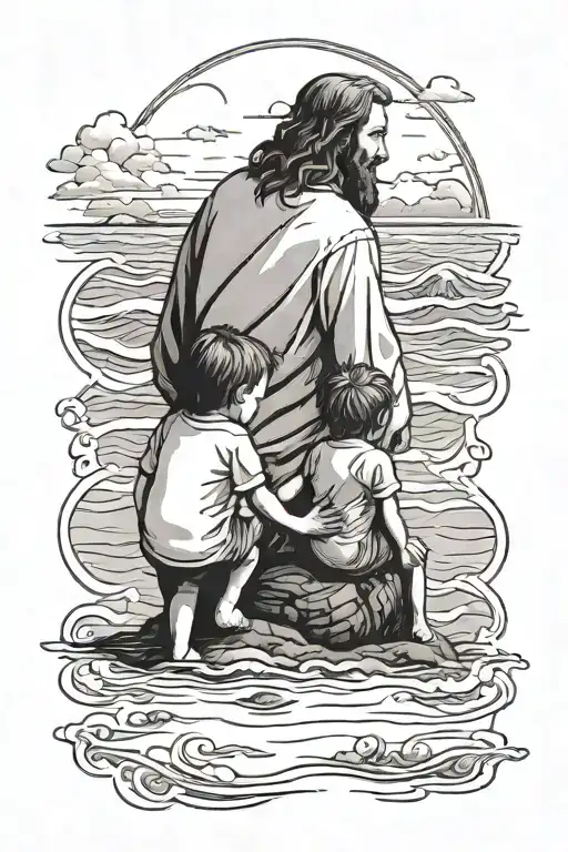 A Kid Watching The Sea With Jesus Watching Him From The Up