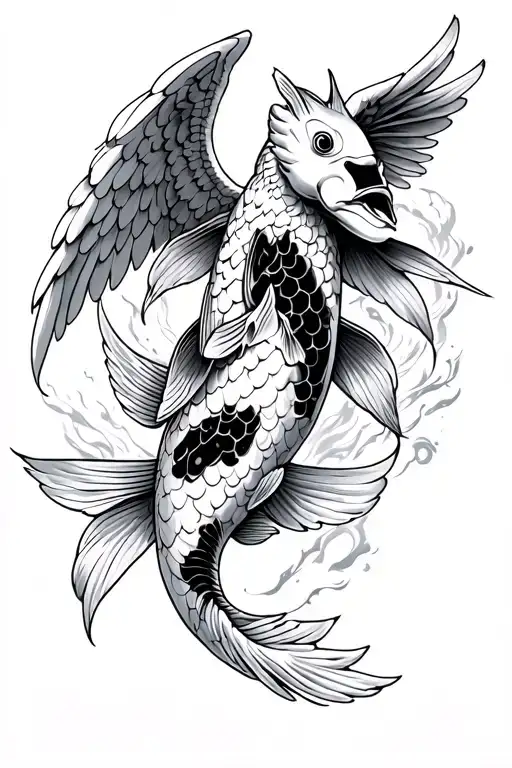 Koi Fish Tattoo With Angel Warrior And Xi Xvi Mmxix In Black And Grey