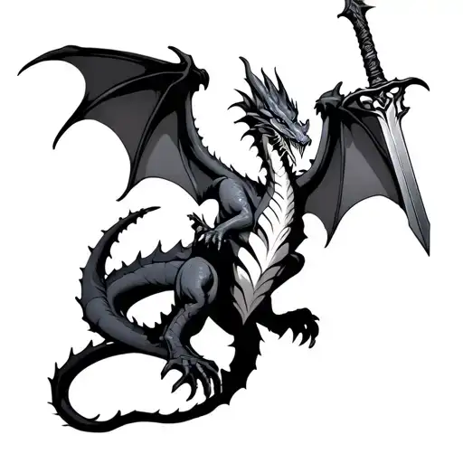 Realistic Dragon Holding Broken Sword With Wings Spread