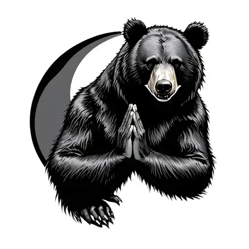 Black Bear Praying With Hands Together And Ying Yang In The Back