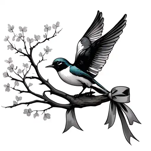 Swallows With A Ribbon And Tree