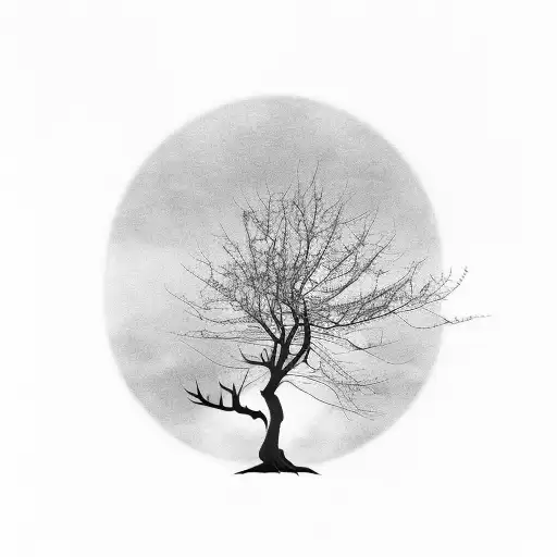 A Black-grey Tattoo Of A Majestic Maple Tree With A Silhouette Of A Moose Standing Beneath It