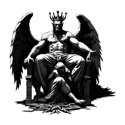 Satan Sitting On The Throne With His Crown Stepping On An Angel