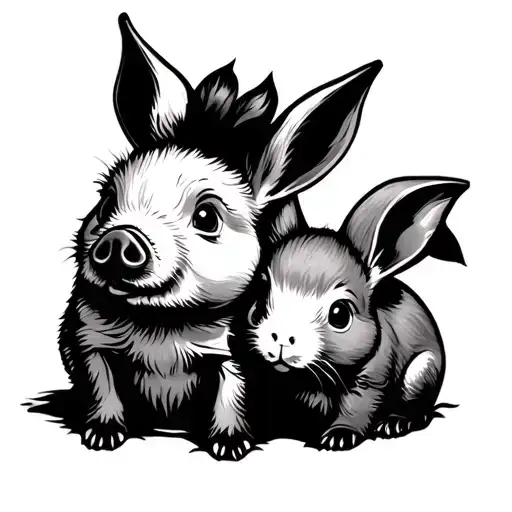 Cartoonish And Cute Tattoo Design Of A Pig And Bunny Black And White
