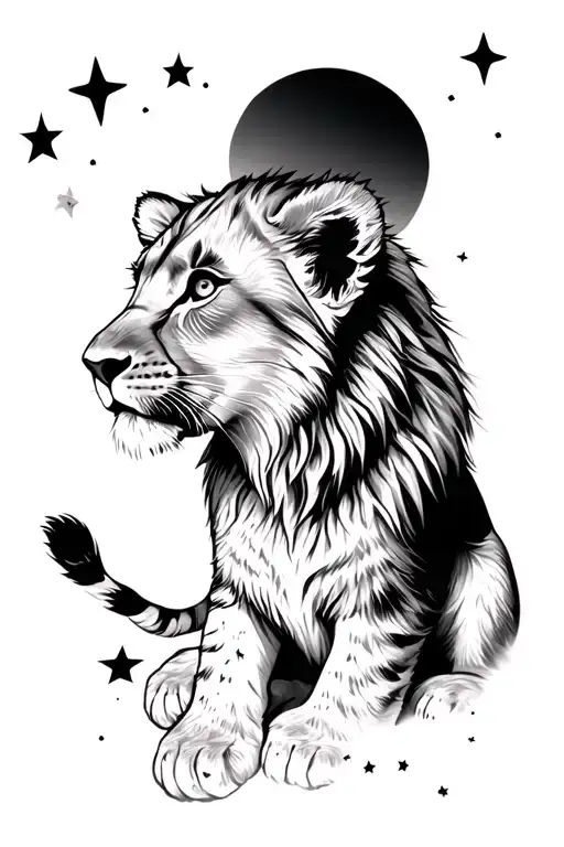 Lion Cub Looking At The Sky Filled With Stars