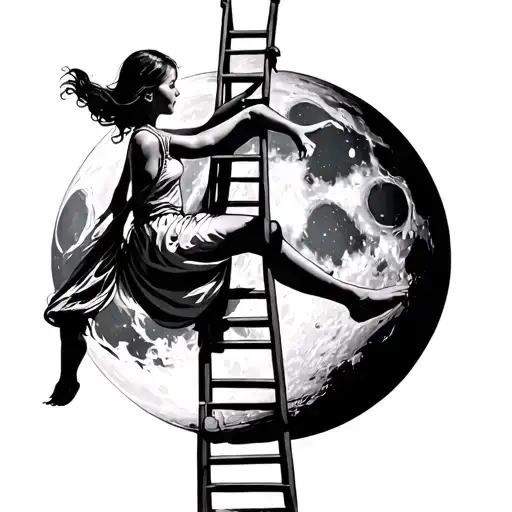 Girl Climbing Ladder To Moon
