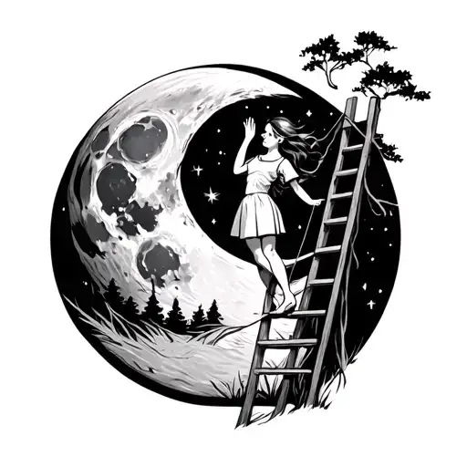 Girl Climbing Ladder To The Moon Surrounded By Trees
