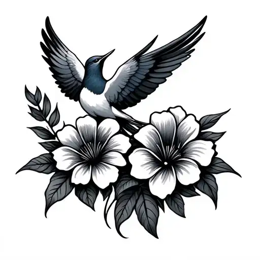Classic Black And Gray Swallow Tattoo With Two Flowers Fight Against Depression Avicii Logo