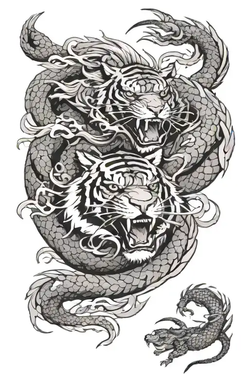 Tiger In Battle With A Chinese Dragon Flying