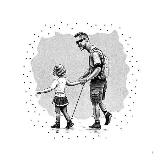 Dad Hiking Holding Hands With Two Daughters