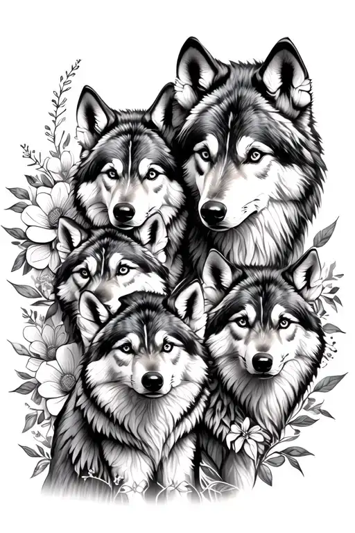2 Adult Wolves & 2 Cubs With A Floral Design Incorporating Elements