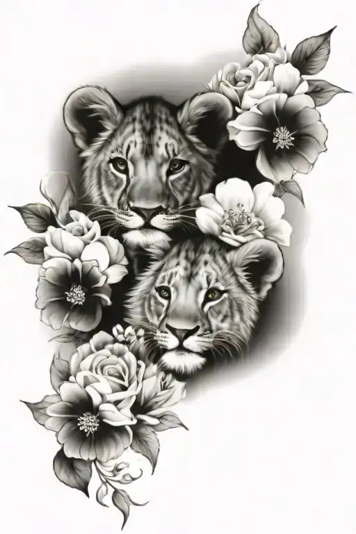 Lion Cubs With Flowers Surrounding