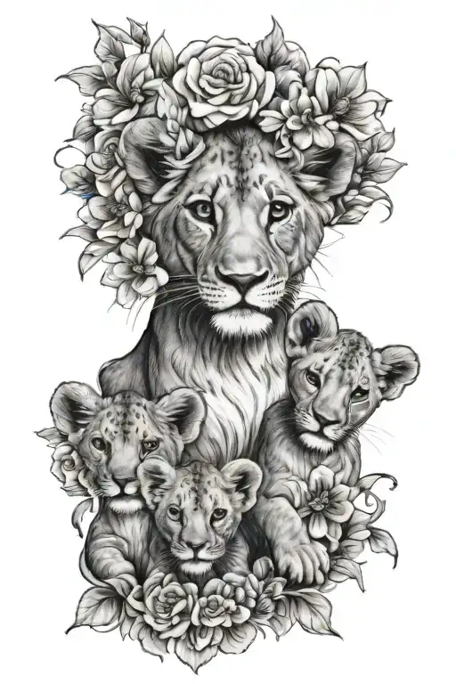 Lion Cubs Surrounded By Flowers Surrounding