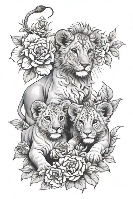 Lion Cubs Surrounded By Flowers Surrounding