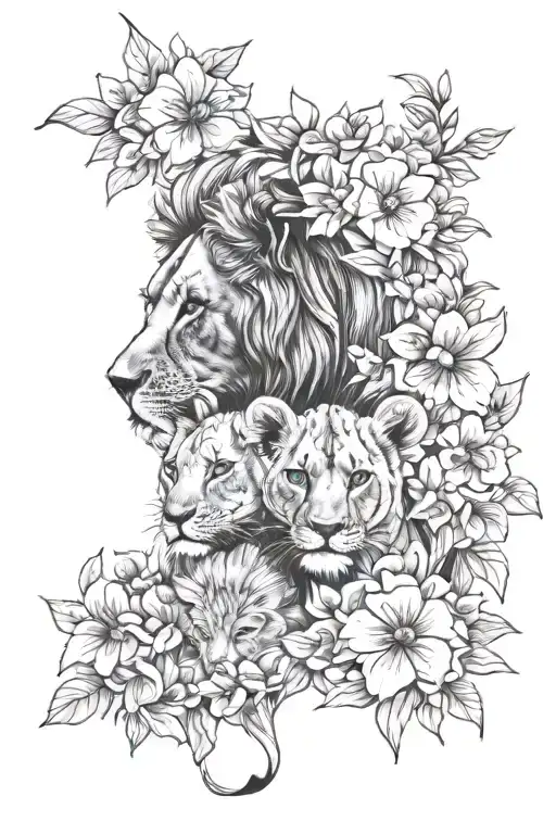 Lion Cubs Surrounded By Flowers Surrounding