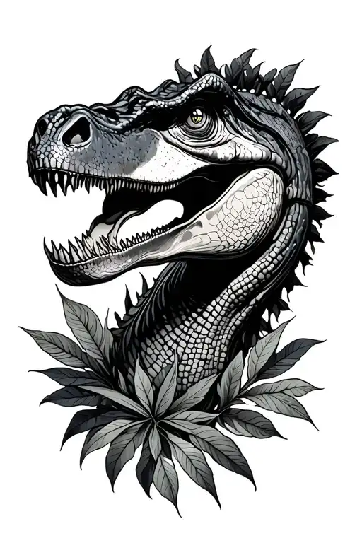Trex And Foliage Line Art