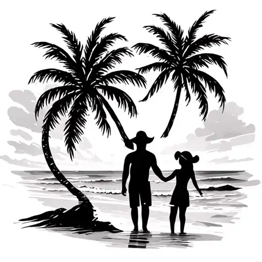 Father And Daughter On The Beach With Palm Trees