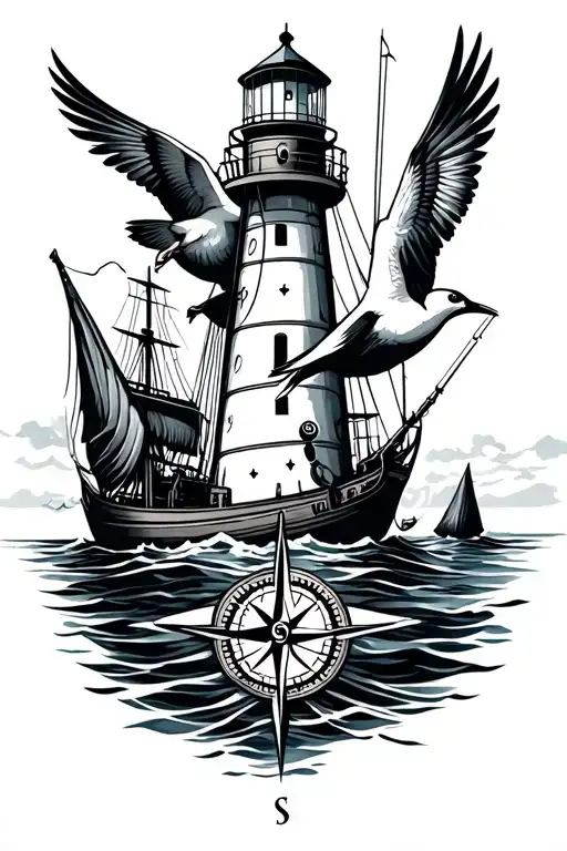 Nautical Compass Lighthouse Birds Boat Fishing