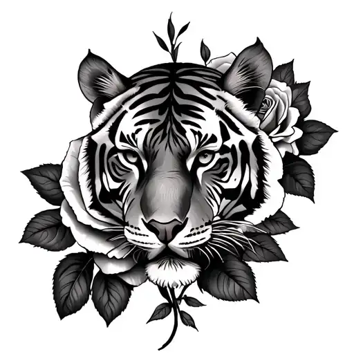 Tamil Tiger In Between Two Roses Growing