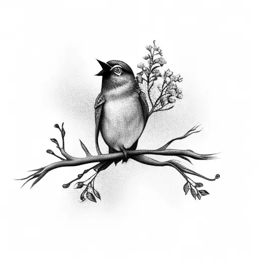 A Black-grey Tattoo Of A Singing Bird Perched On A Branch Adorned With Various Types Of Flowers