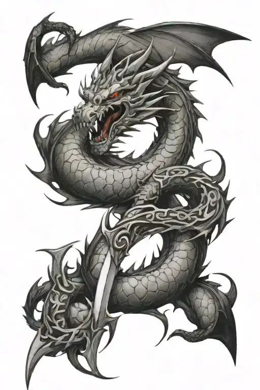 Wyrm Dragon Made Out Of Calligraphy Wrapping Around Sword