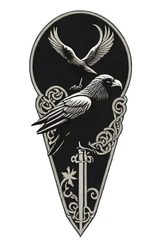 Crow Family Crest With 2 Large Crows And 4 Small Crows With Celtic Cross