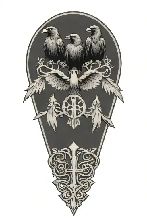 Crow Family Crest With 2 Large Crows And 4 Small Crows With Celtic Cross