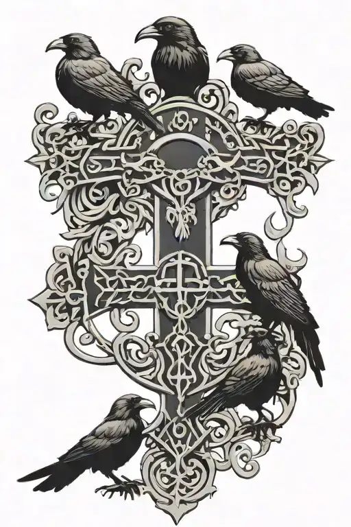 Crow Family Crest With 2 Large Crows And 4 Small Crows With Celtic Cross