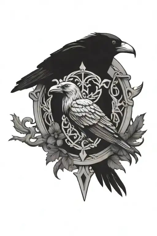 Crow Family Crest With 2 Large Crows And 4 Small Crows With Celtic Cross